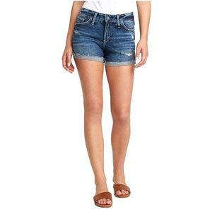 Silver Jeans Co Suki Shorts Dark Wash Distressed Denim  Size 34 Waist